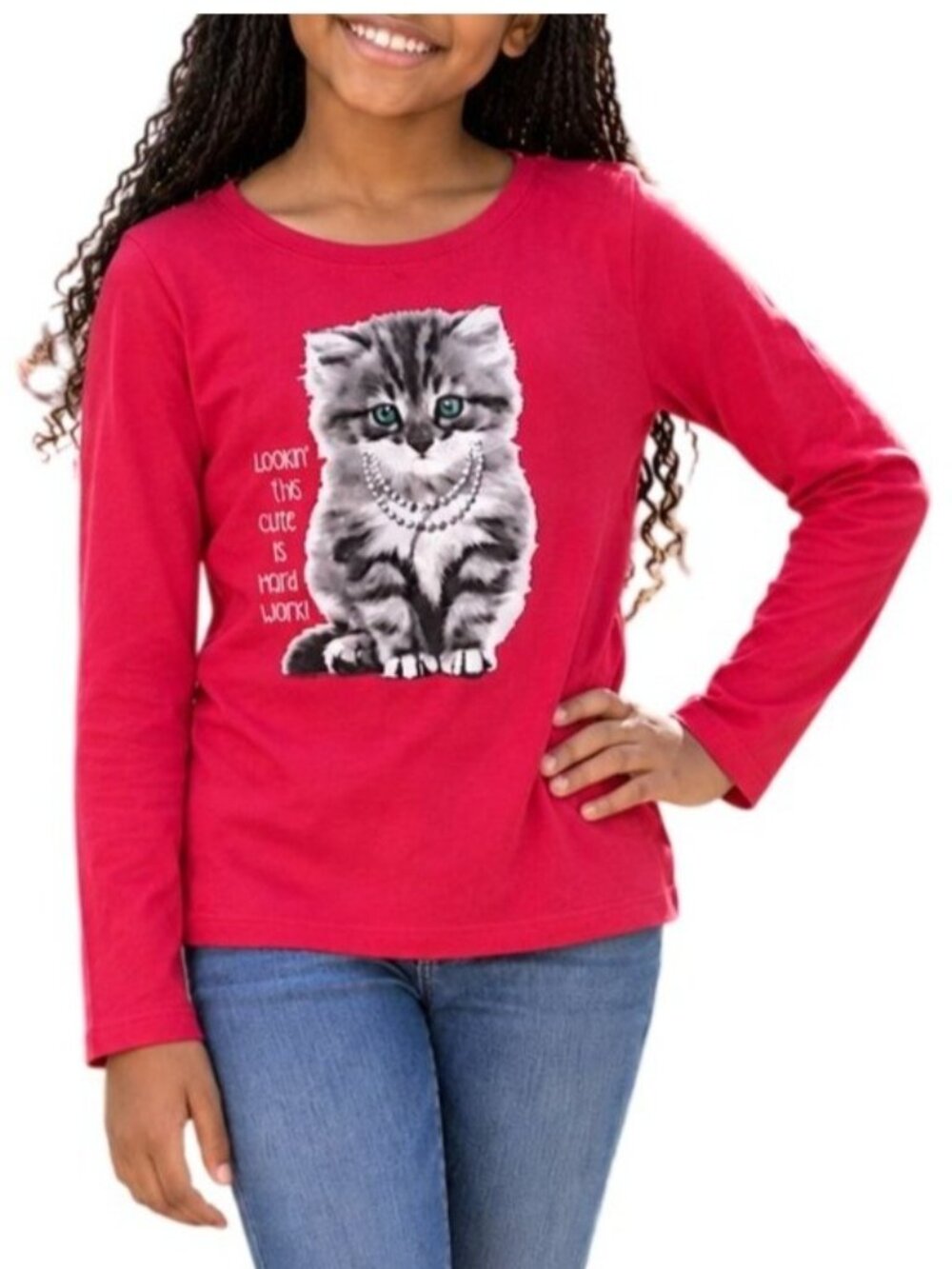 Faded Glory Size Large (10-12) Girls Red Long Sleeve Shirt Cat Graphic Quote